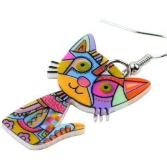 Colorful Blue MULTI-COLOR Acrylic Cat Earrings - Picture 3 of 3